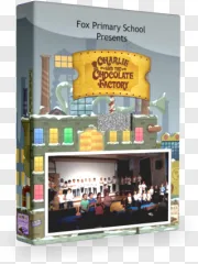 A 3D box case mockup displaying a winter school play cover on a transparent background.