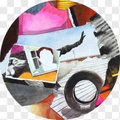 Abstract collage artwork with mixed elements on a transparent background.