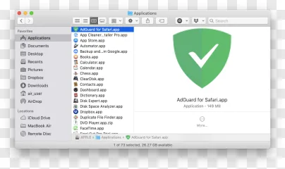 A macOS Finder window showing the AdGuard for Safari application on a transparent background.