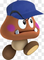 An angry Goomba character wearing a blue cap is shown on a transparent background.