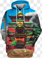 An anime bathhouse graphic hoodie is displayed on a transparent background.