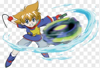 Anime boy launching a spinning top on a transparent background.