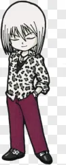 Anime girl in a leopard jacket and purple pants on a transparent background.