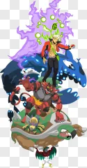An anime trainer stands proudly with various fantasy creatures on a transparent background.