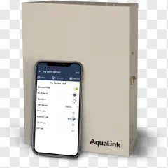 AquaLink smart pool controller unit and smartphone app interface on a transparent background.