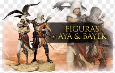 Assassin's Creed Origins Aya and Bayek action figures on a transparent background.