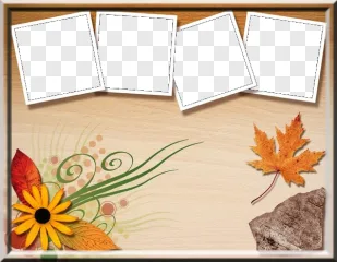 An autumn floral photo frame template with a sunflower and maple leaf on a transparent background.