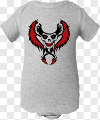 A grey baby onesie featuring a red and black devil skull graphic on a transparent background.