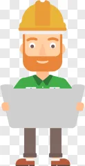A bearded construction worker in a yellow hard hat holding a blueprint on a transparent background.