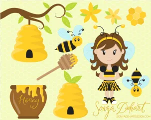 Cute cartoon bee girl, honeycomb, and honey jar on a transparent background.