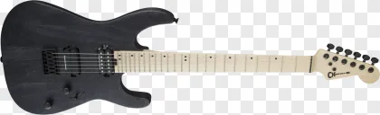 A black electric guitar with a maple neck displayed on a transparent background.