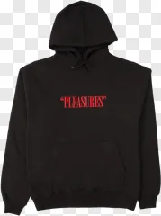 A black Pleasures text hoodie sweatshirt isolated on a transparent background.