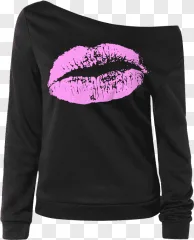 A black sweatshirt with a pink lips print on a transparent background.