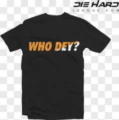 A black t-shirt with orange and white Who Dey text on a transparent background.