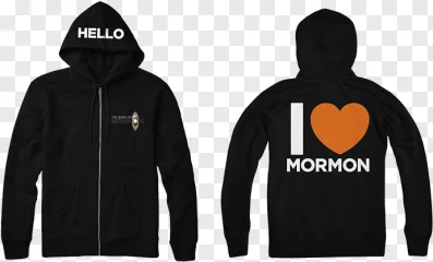 A black zip-up hoodie with hello text on the hood and a mormon heart graphic on the back on a transparent background.