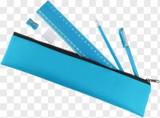 A blue pencil case with school supplies including a ruler, pen, pencil, eraser, and sharpener on a transparent background.