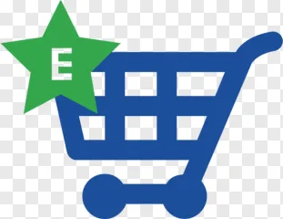 Blue shopping cart icon with a green star badge on a transparent background.