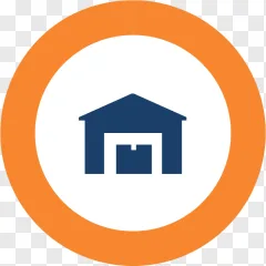 A blue warehouse building icon inside an orange circle on a transparent background.