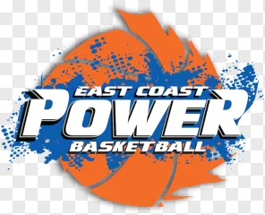 A bold orange and blue basketball team logo with energetic white lettering and dynamic splatters on a transparent background.