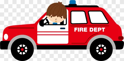 A cartoon boy driving a red fire car on a transparent background.