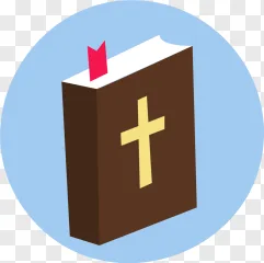 A brown bible book with a gold cross and red bookmark on a transparent background.