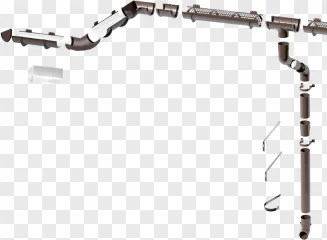 A layout of brown rain gutter system components displayed on a transparent background.