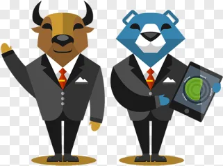 A bull and a bear businessman in suits standing on a transparent background.