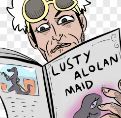 Cartoon man reading book with yellow goggles showing a shocked expression on a transparent background.