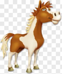 A cheerful brown and white cartoon horse stands smiling on a transparent background.