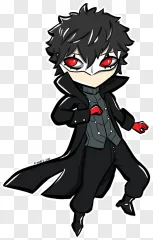 A chibi anime character in a black coat with red eyes on a transparent background.