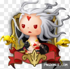 Chibi cartoon fantasy demon character presenting with a gold frame, red banner, and yellow monster spirits transparent PNG.