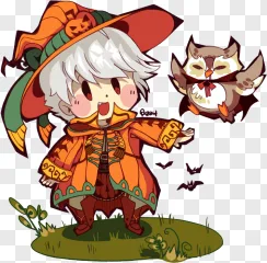 A chibi witch with an owl and pumpkin hat stands on a transparent background.