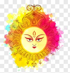 Colorful mandala sun face illustration on a transparent background.