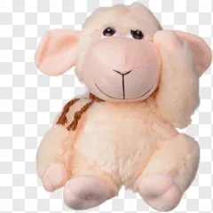 A cream plush sheep toy with brown tassel details on a transparent background.