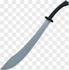 A curved machete with a black handle on a transparent background.