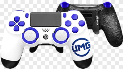A custom video game controller featuring blue accents is shown on a transparent background.