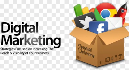 A digital marketing cardboard box overflowing with social media icons on a transparent background.