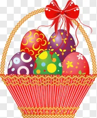 An easter basket filled with decorated eggs on a transparent background.