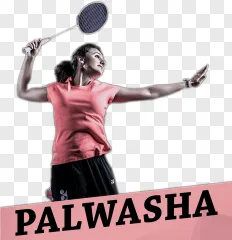 A female badminton player is shown serving with a racket on a transparent background.