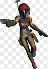 A female Mandalorian character in armor holding a blaster on a transparent background.