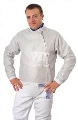 A fencer in a white fencing uniform on a transparent background.