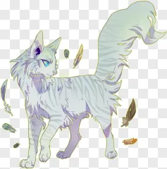 A fluffy white cat walking with floating feathers on a transparent background.