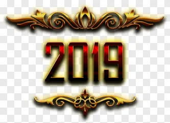 A glowing 2019 new year ornament with gold and red details on a transparent background.