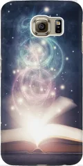 A glowing open book with cosmic swirls and a starry sky on a transparent background.