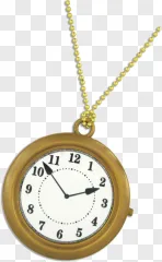 A gold pocket watch necklace pendant on a transparent background.