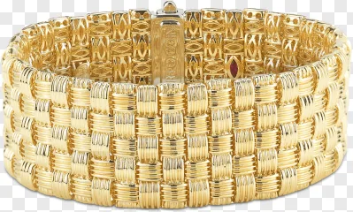 A gold woven bangle bracelet on a transparent background.