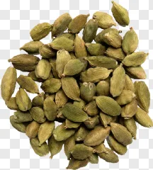 A pile of green cardamom pods on a transparent background.