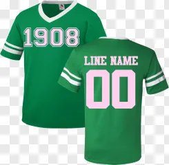 Front and back views of a green jersey with custom 1908 and line name numbers on a transparent background.