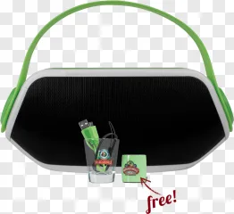 A green and white portable Bluetooth speaker with a USB cable on a transparent background.