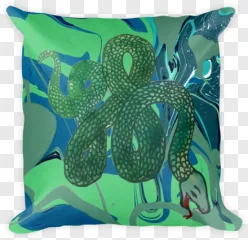 A green snake coiled on a marbled pillow on a transparent background.